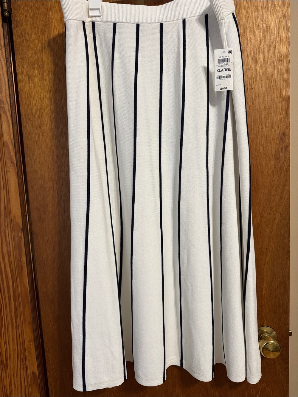 White Skirt with Navy Vertical Stripes